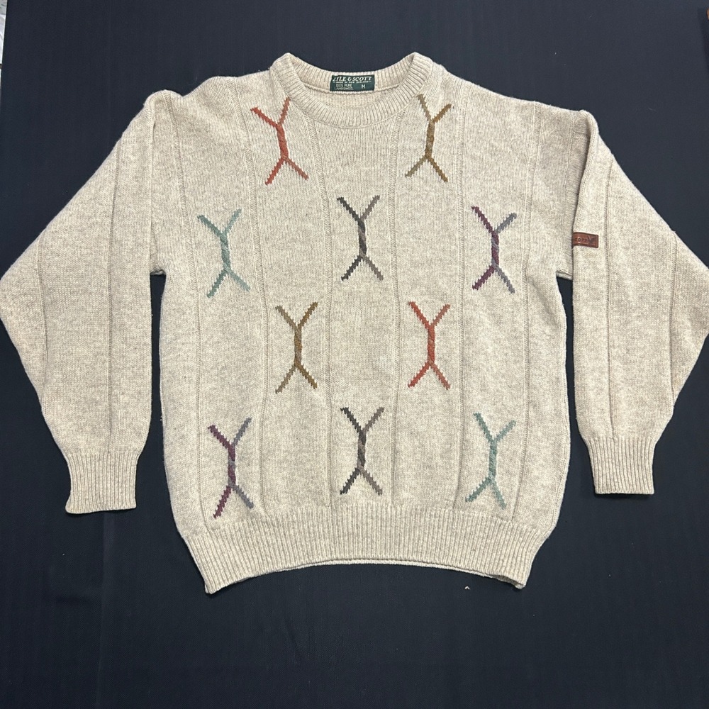 Lyle & Scott Vintage Lambswool Sweater Mens Medium Beige Intarsia Made in NZ